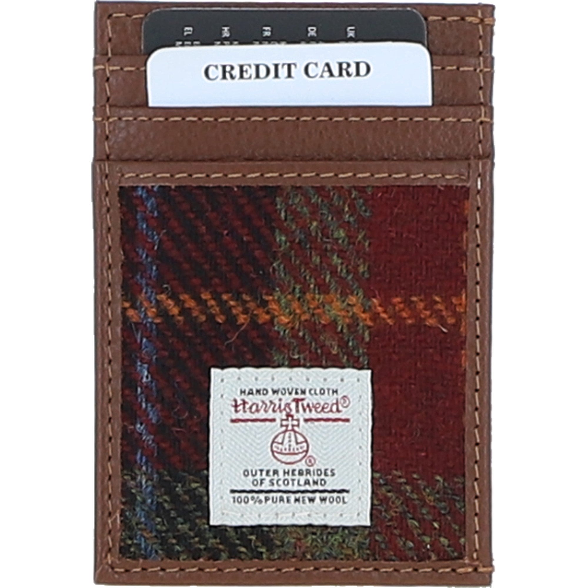 Ashwood Leather & Harris Tweed® Cloth Stylish Flat Card Holder Tan/Green/Red: TW-52-08-TR