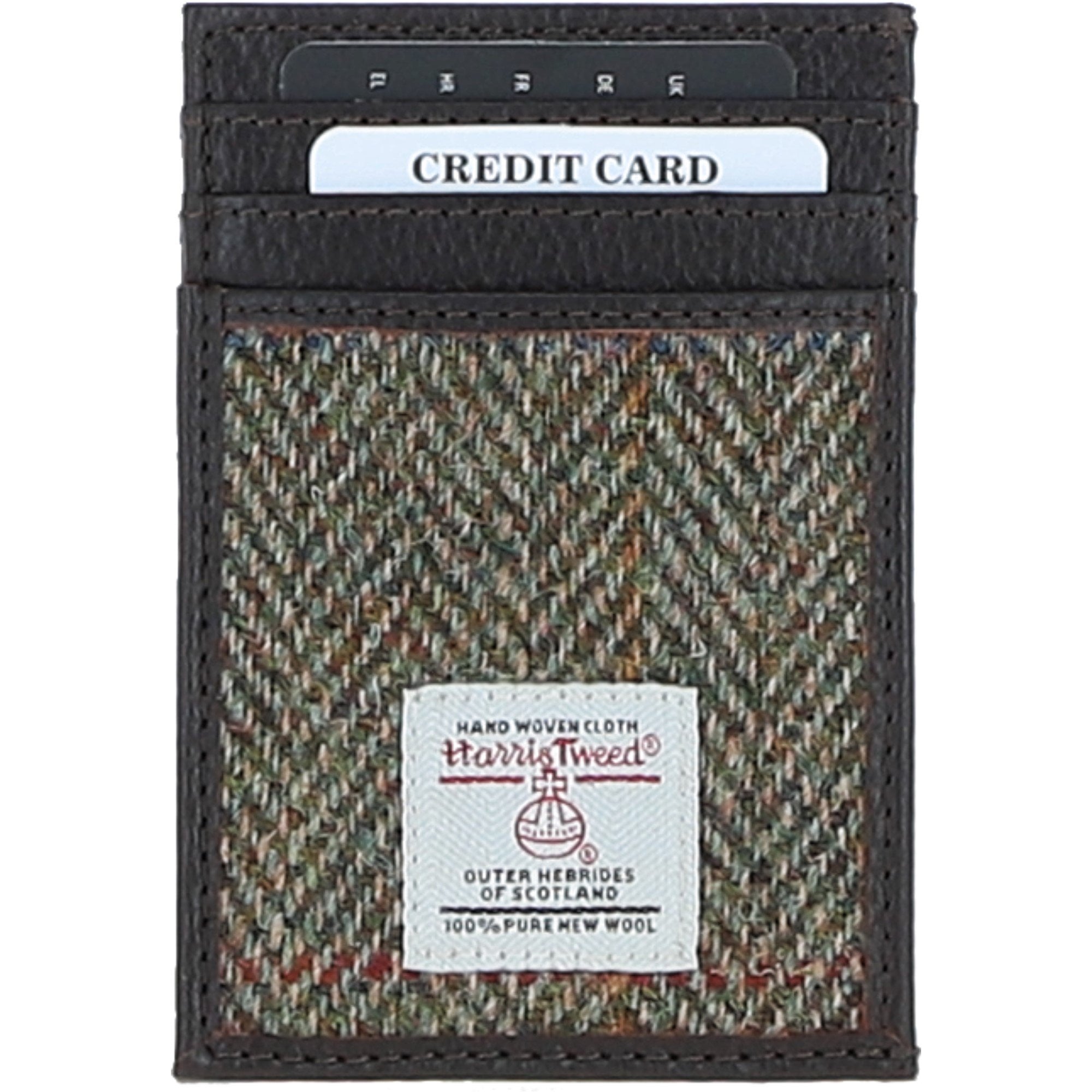 Ashwood Leather & Harris Tweed® Cloth Stylish Flat Card Holder Brown/Green: TW-52-09-BG