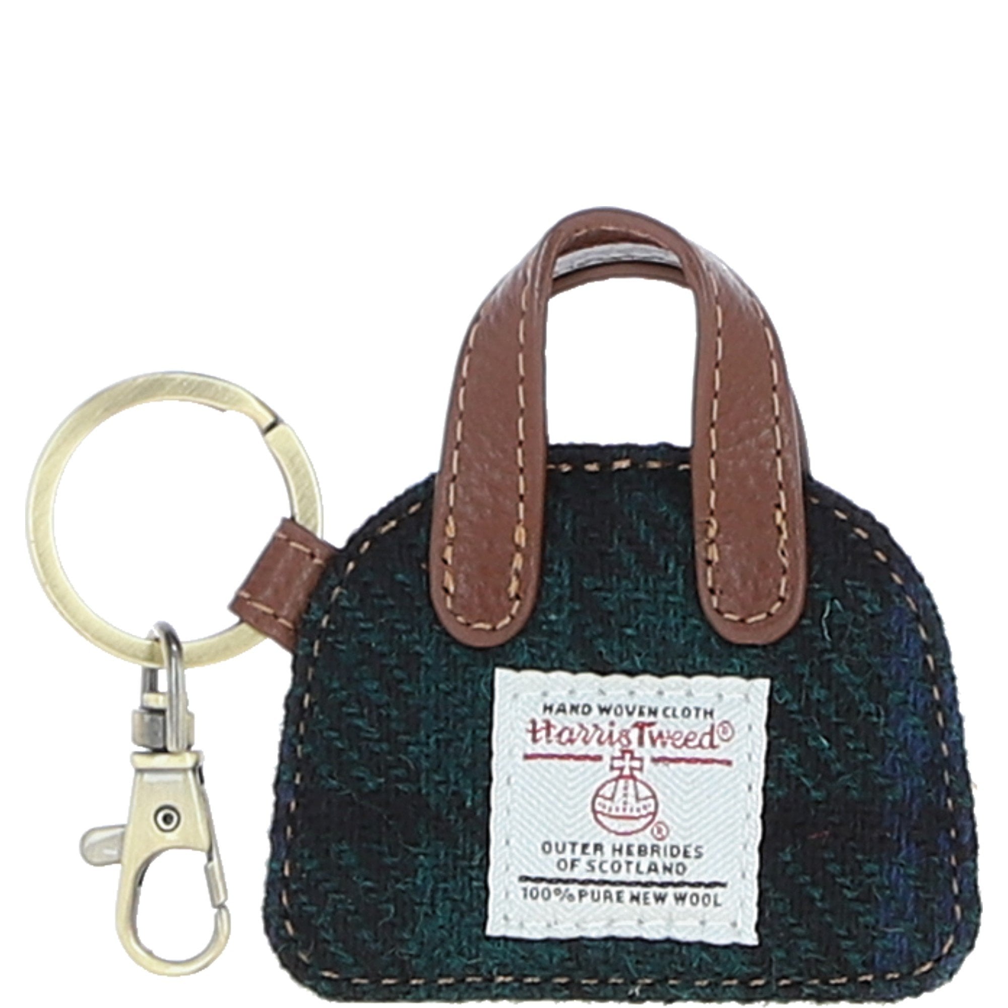Ashwood Leather & Harris Tweed® Cloth Flat Miniature Handbag Keyring Tan/watch: TW-51-04-TW