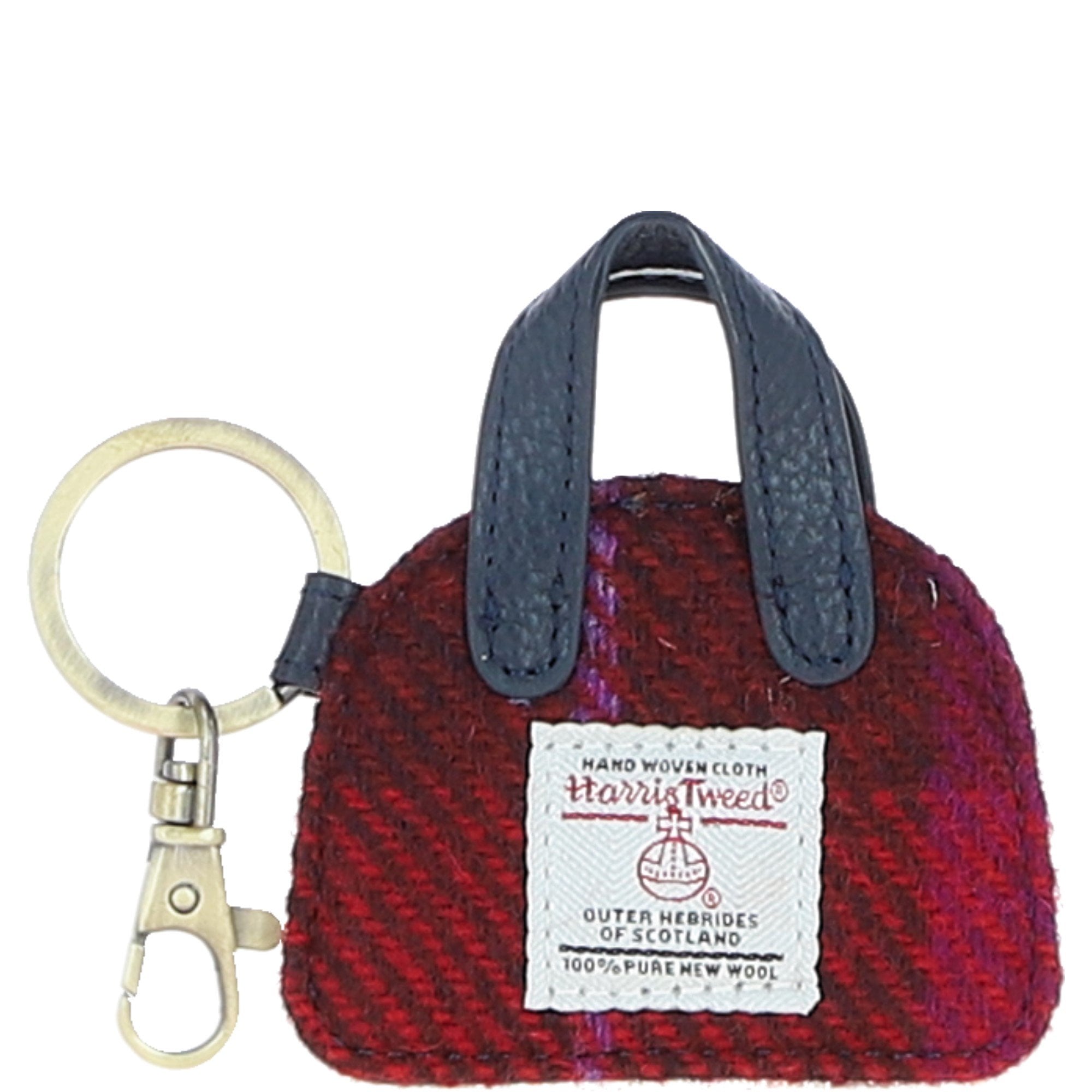 Ashwood Leather & Harris Tweed® Cloth Flat Miniature Handbag Keyring Navy/Pink: TW-51-06-NP