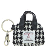 Ashwood Leather & Harris Tweed® Cloth Flat Miniature Handbag Keyring Black/White: TW-51-12-BW
