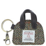 Ashwood Leather & Harris Tweed® Cloth Flat Miniature Handbag Keyring Brown/Green: TW-51-09-BG