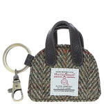 Ashwood Leather & Harris Tweed® Cloth Flat Miniature Handbag Keyring Brown/Green: TW-51-09-BG