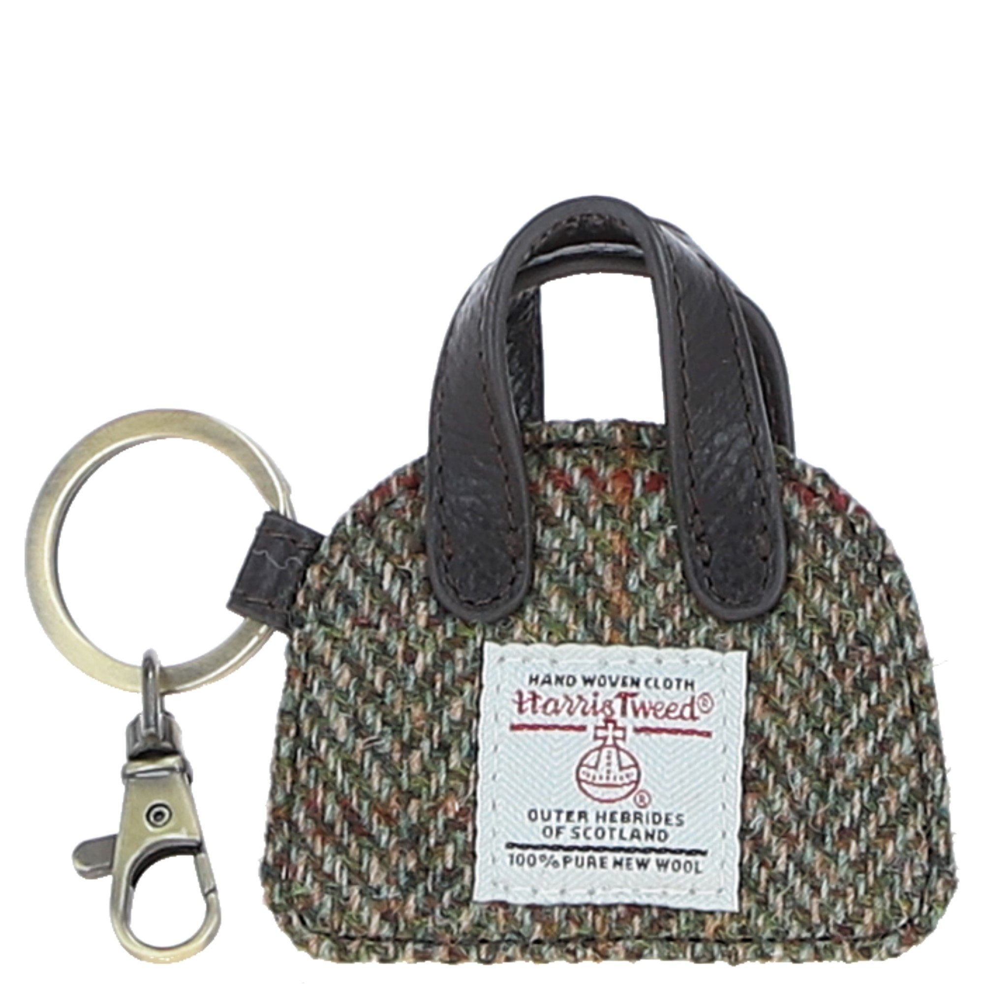 Ashwood Leather & Harris Tweed® Cloth Flat Miniature Handbag Keyring Brown/Green: TW-51-09-BG