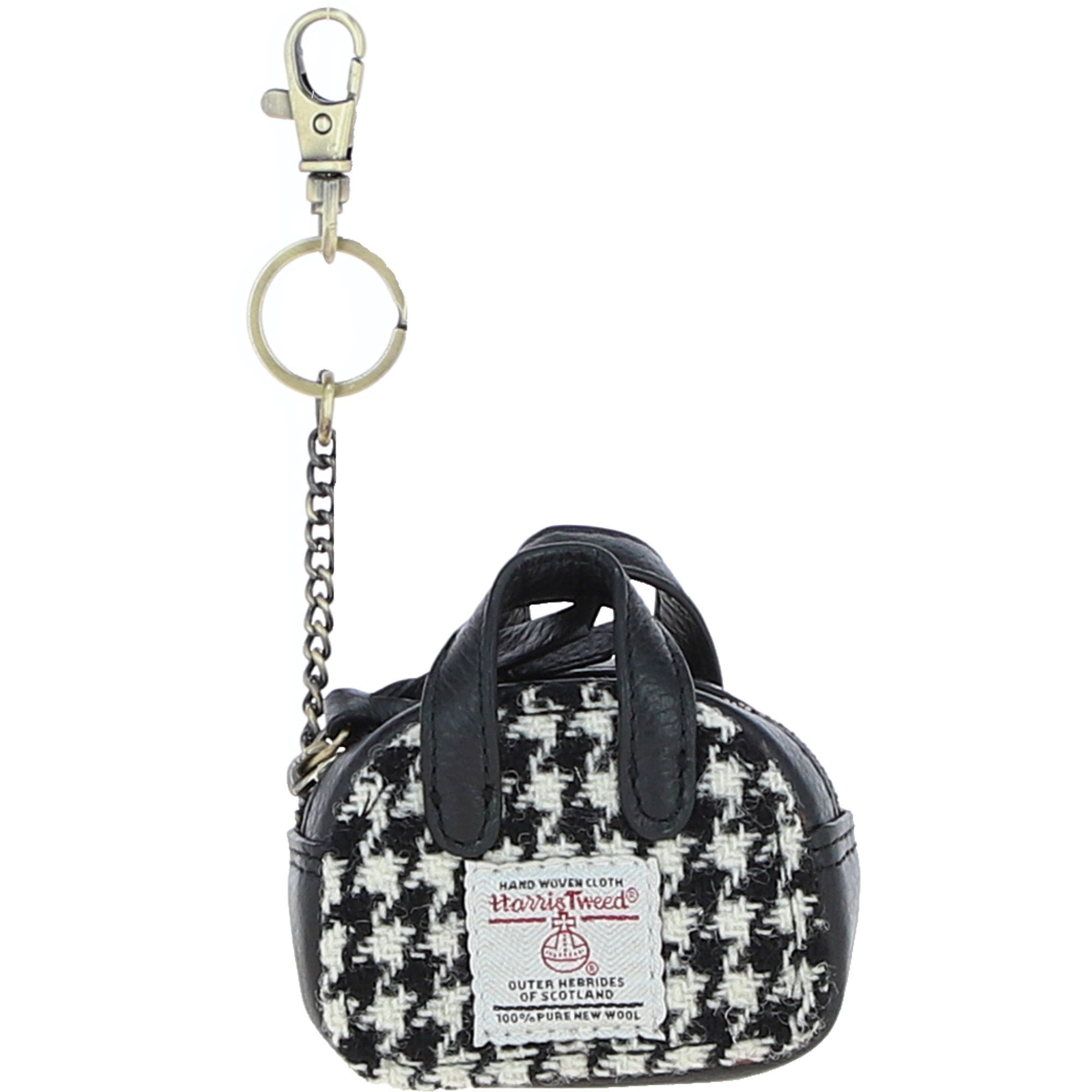 Ashwood Leather & Harris Tweed® Cloth Micro Handbag Keychain Black/White: TW-50-12-BW