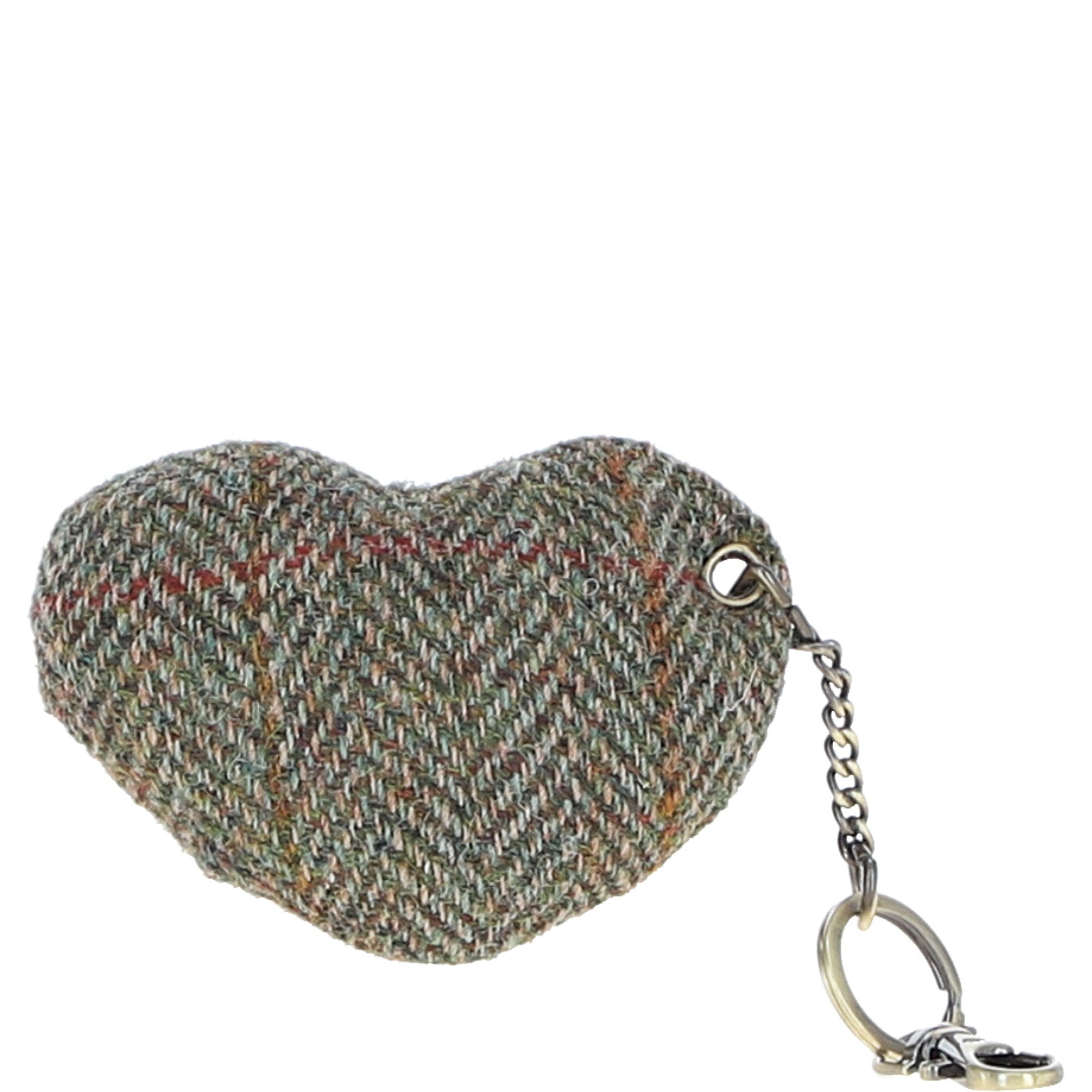 Authentic Harris Tweed® Cloth Heart-Shaped Keychain Made By Ashwood Leather Brown/Green: TW-53-09-BG