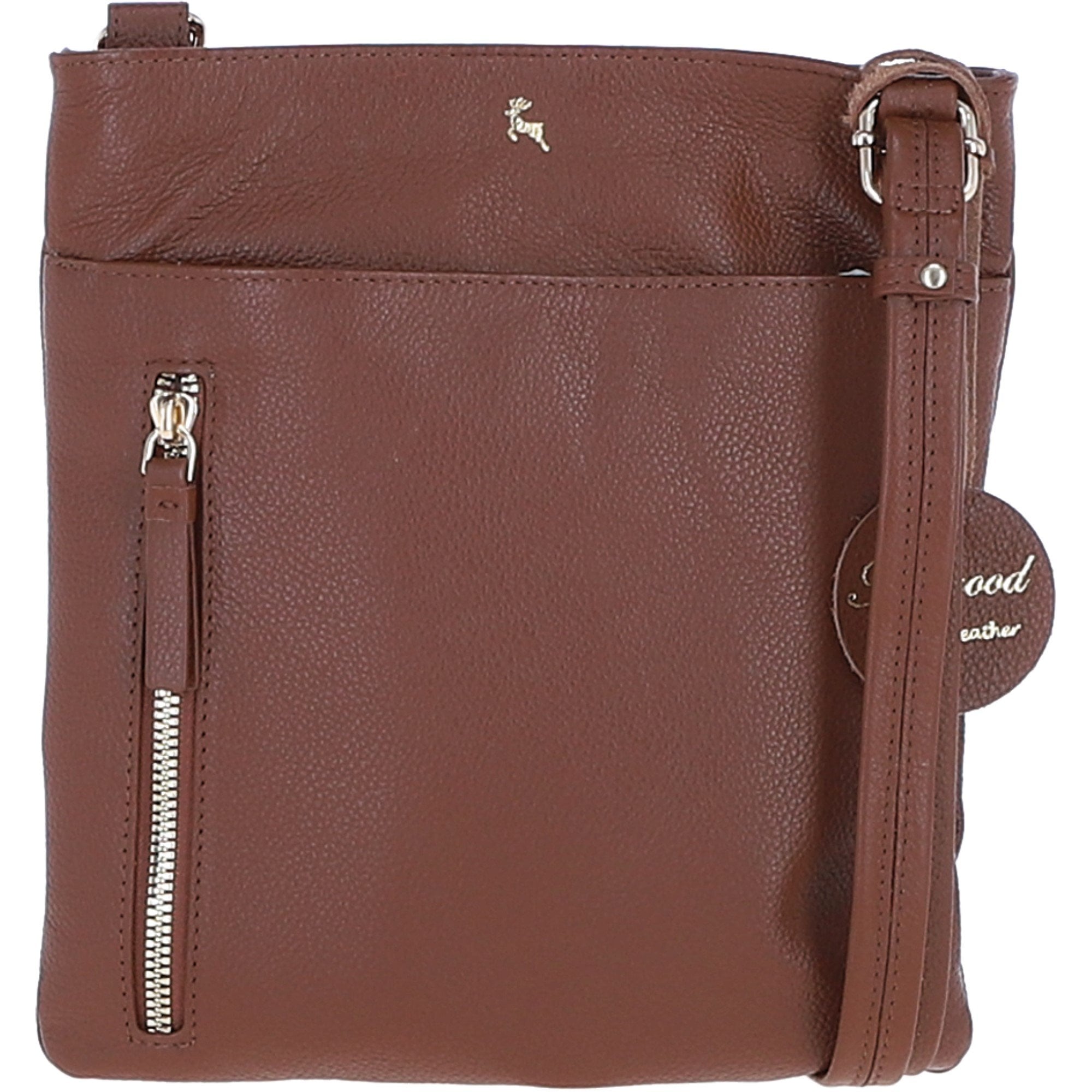 Exquisite Genuine Leather Crossbody Flat Bag with Golden Accents Cognac: 64255