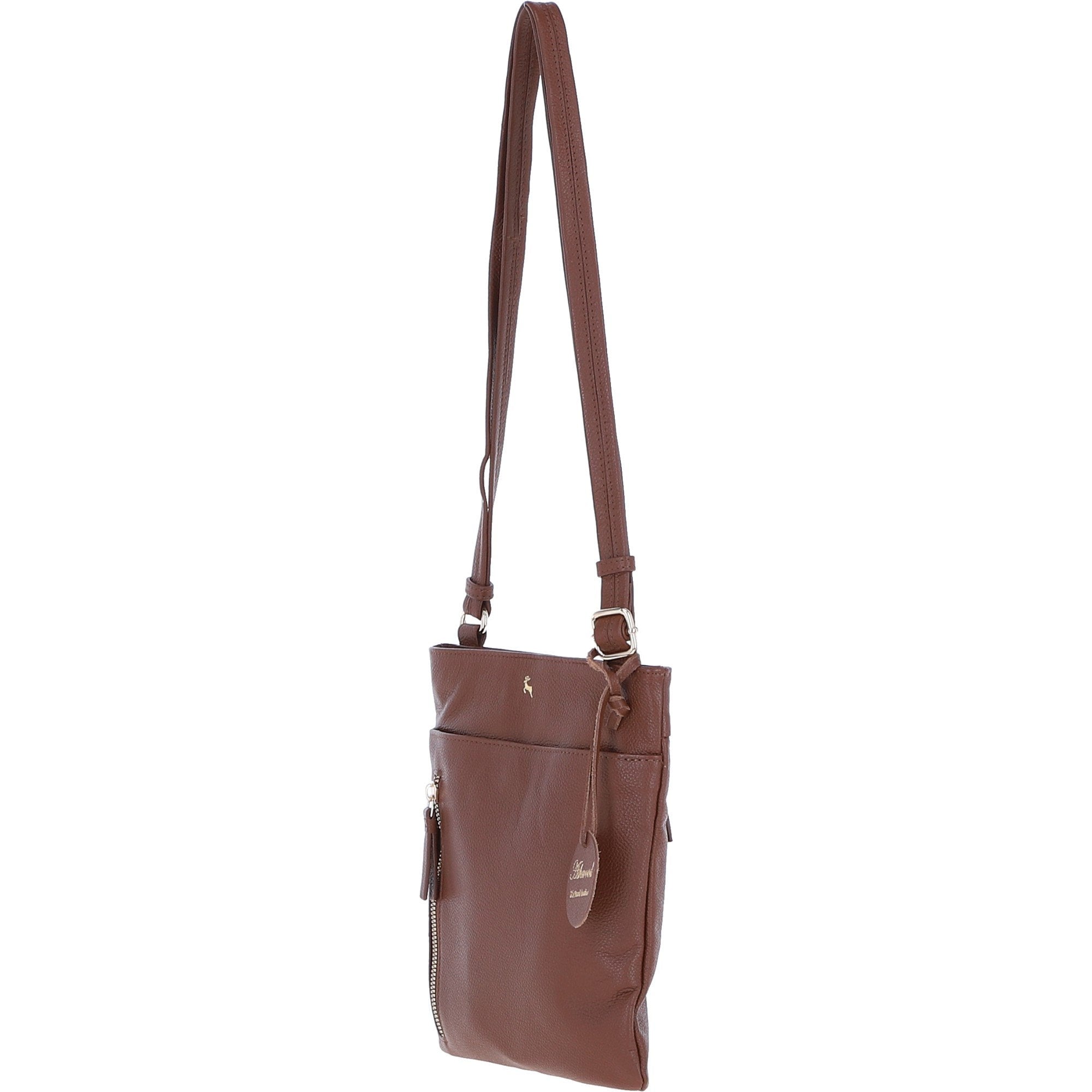 Exquisite Genuine Leather Crossbody Flat Bag with Golden Accents Cognac: 64255