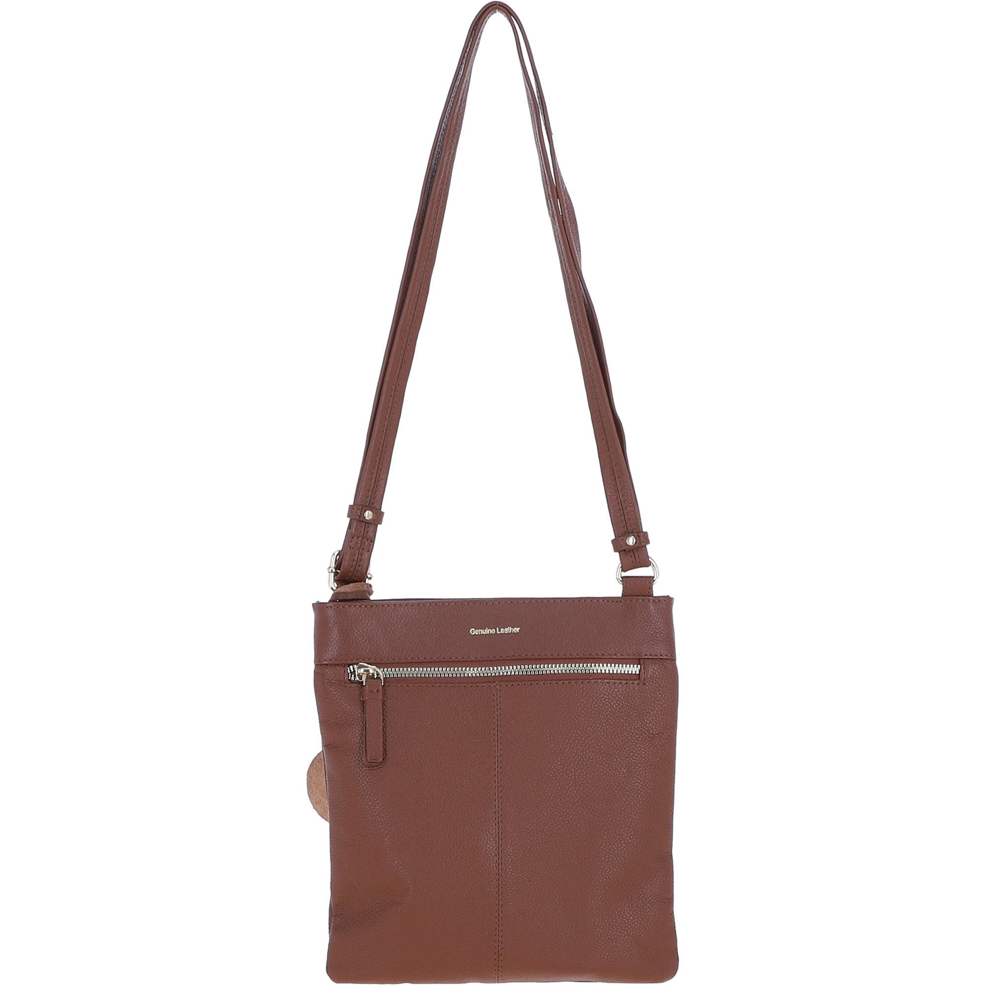 Exquisite Genuine Leather Crossbody Flat Bag with Golden Accents Cognac: 64255