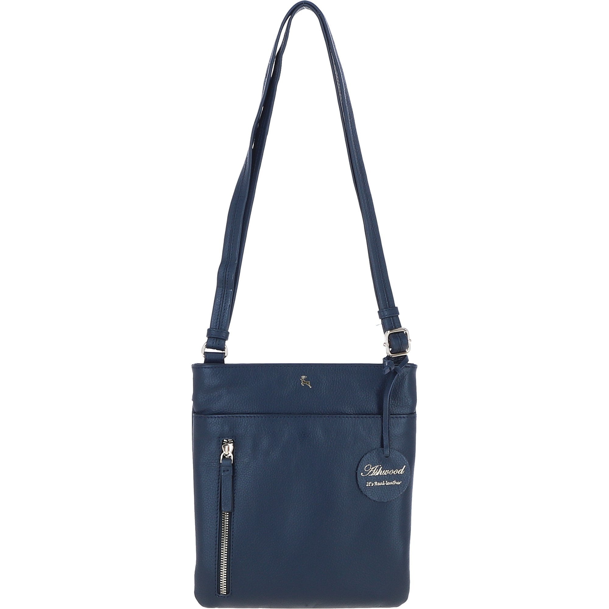 Exquisite Genuine Leather Crossbody Flat Bag with Golden Accents Navy: 64255