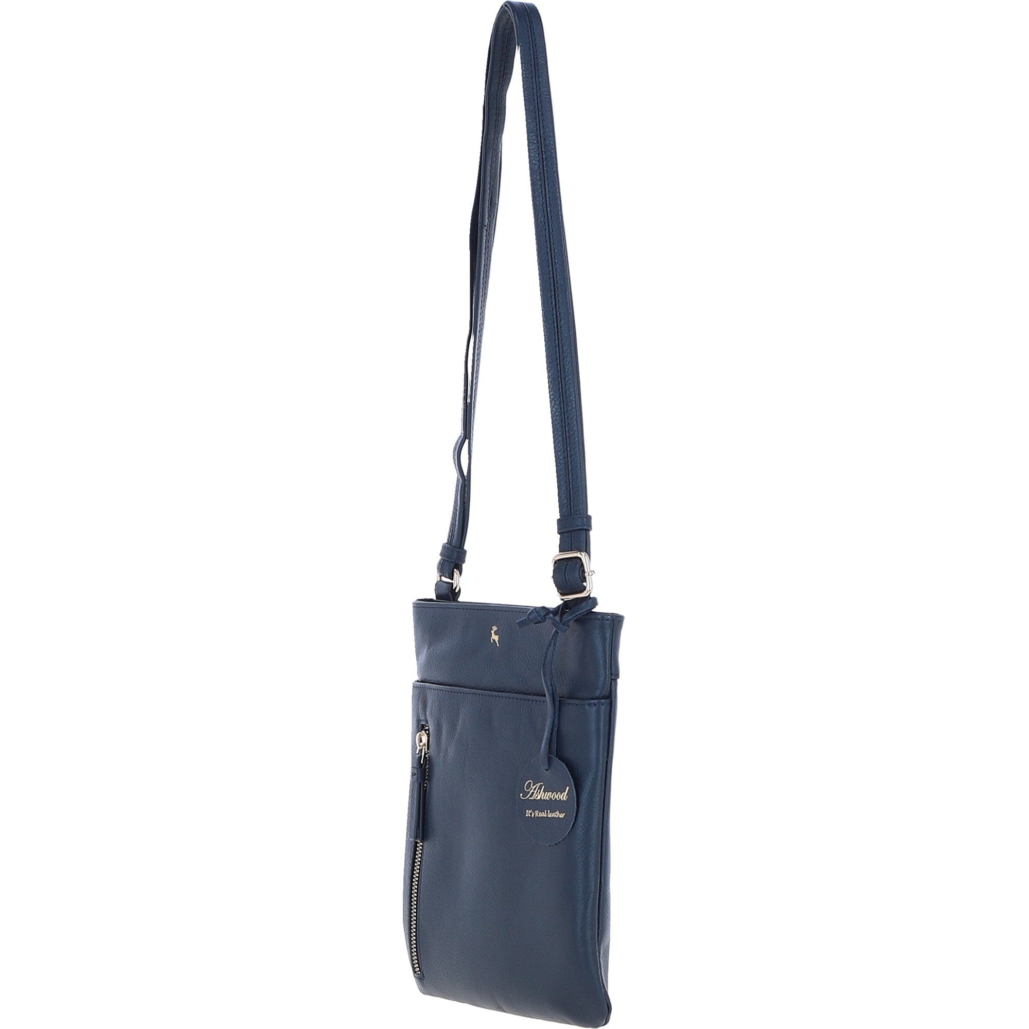 Exquisite Genuine Leather Crossbody Flat Bag with Golden Accents Navy: 64255
