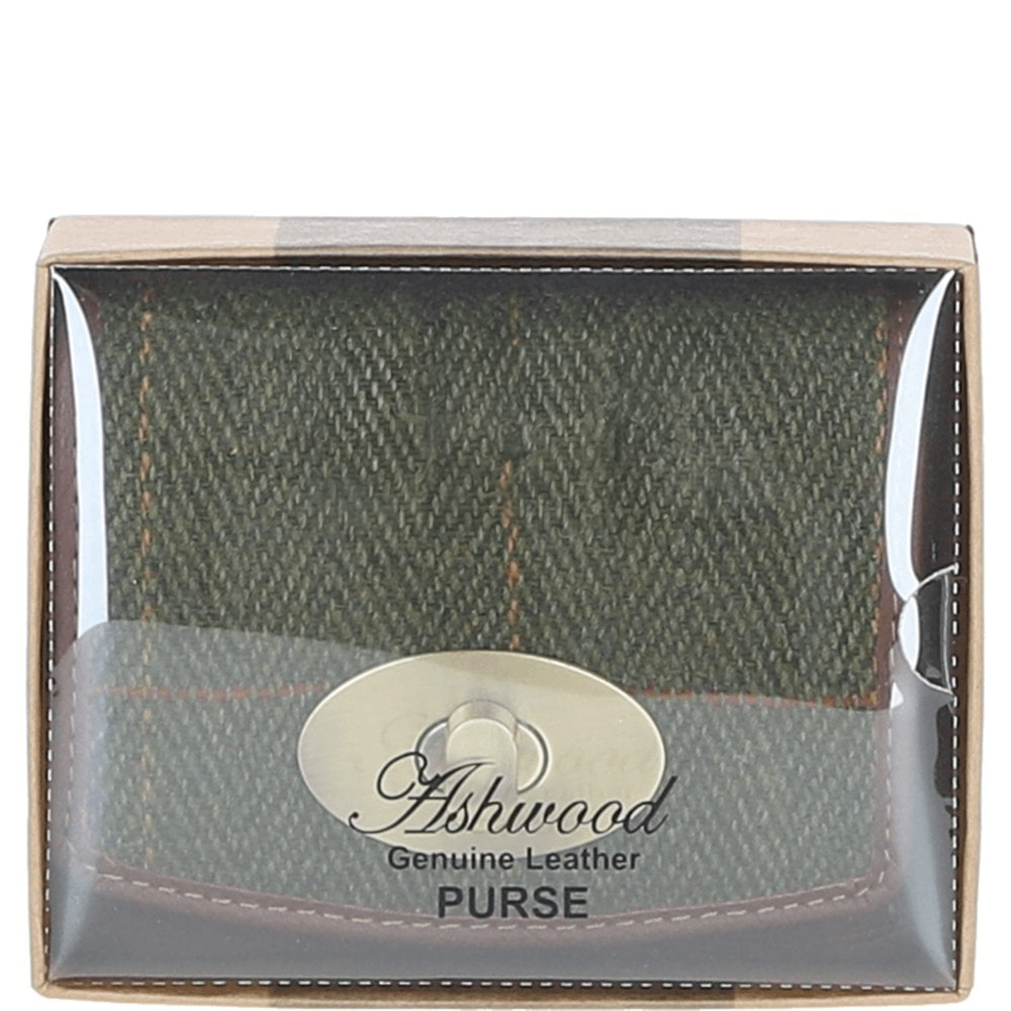Elegant Ashwood Leather & Harris Tweed® Cloth Trifold Twist-Lock Purse Tan/Green Check: TW-10-10-TGNH
