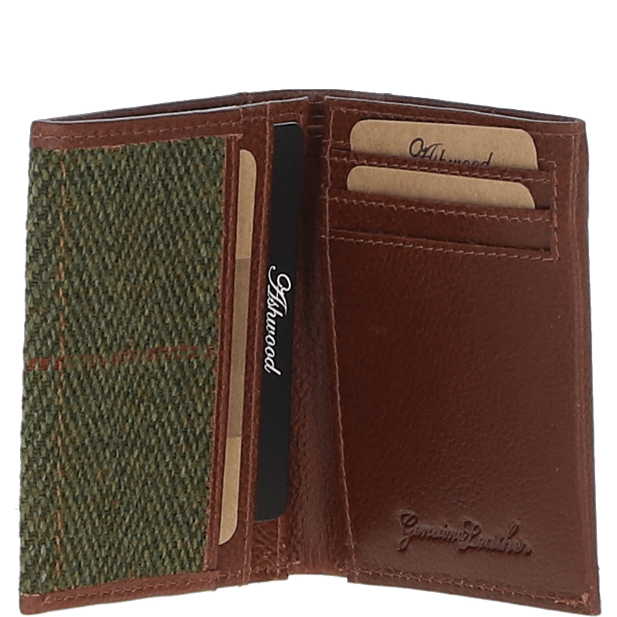 Versatile Ashwood Leather & Tweed RFID Secure Wallet Tan/Green Check: TW-17-010-TGNH