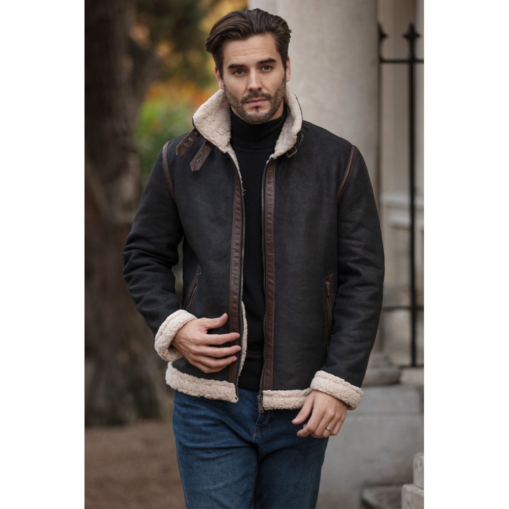 Men’s Real Leather Suede Loose Fit Jacket With Faux Fur Lining & Collar Black: Snew