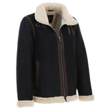 Men’s Real Leather Suede Loose Fit Jacket With Faux Fur Lining & Collar Black: Snew