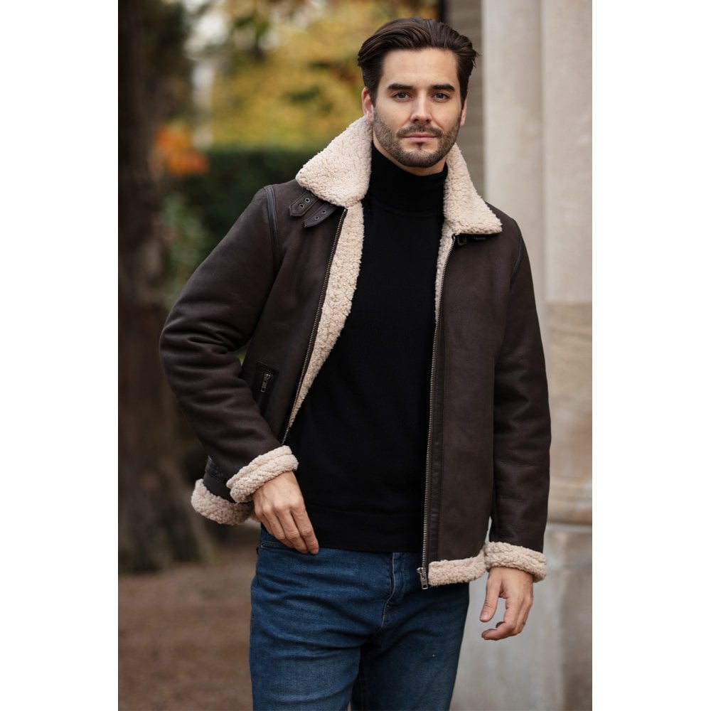 Men’s Real Leather Suede Loose Fit Jacket With Faux Fur Lining & Collar Brown: Snew