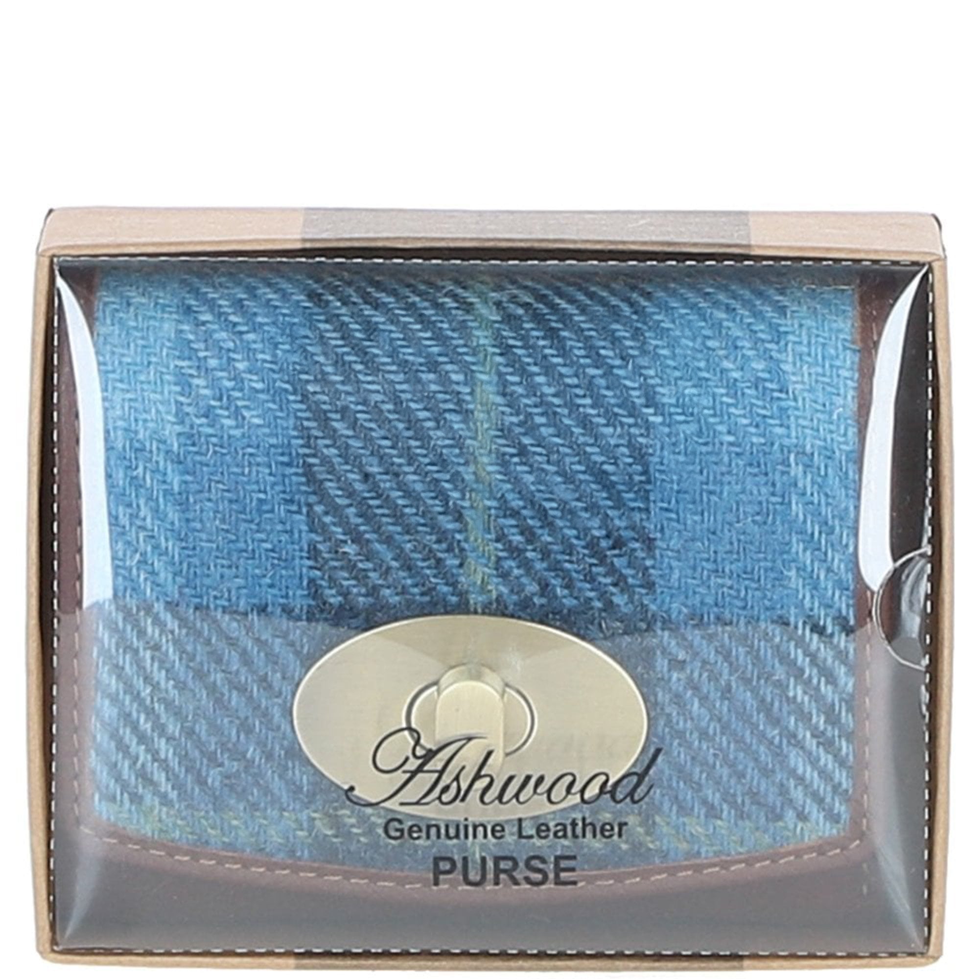 Elegant Ashwood Leather & Harris Tweed® Cloth Trifold Twist-Lock Purse Tan/TL Blue: TW-10-05-TB