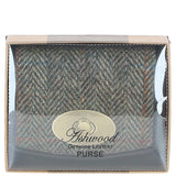 Elegant Ashwood Leather & Harris Tweed® Cloth Trifold Twist-Lock Purse Brown/Green: TW-10-09-BG