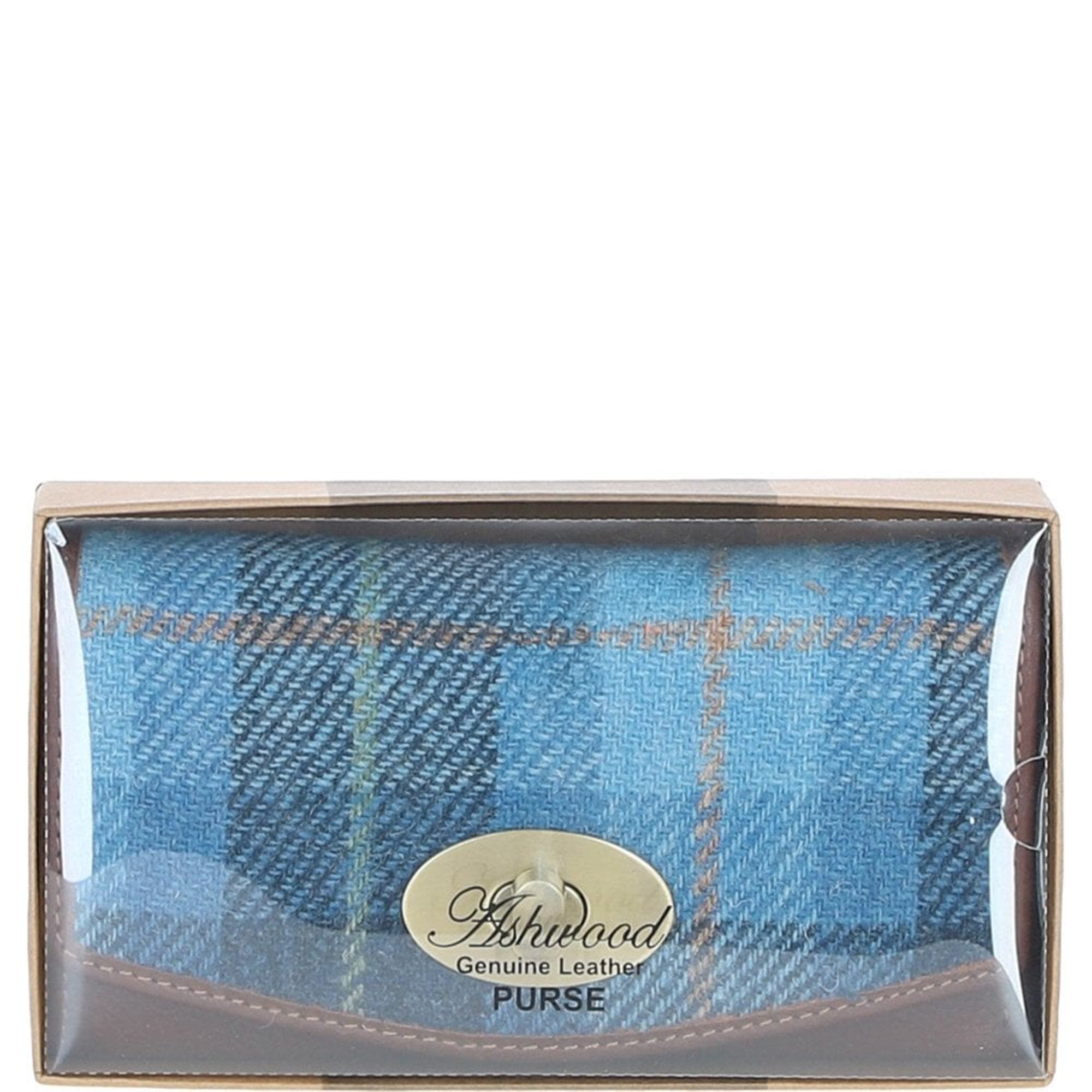 Exquisite Ashwood Leather & Harris Tweed® Cloth Twist-Lock Purse Tan/TL Blue: TW-11-05-TB