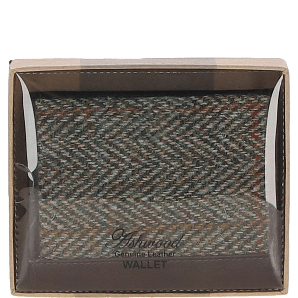 Versatile Ashwood Leather & Harris Tweed® Cloth RFID Secure Wallet Brown/Green: TW-17-09-BG