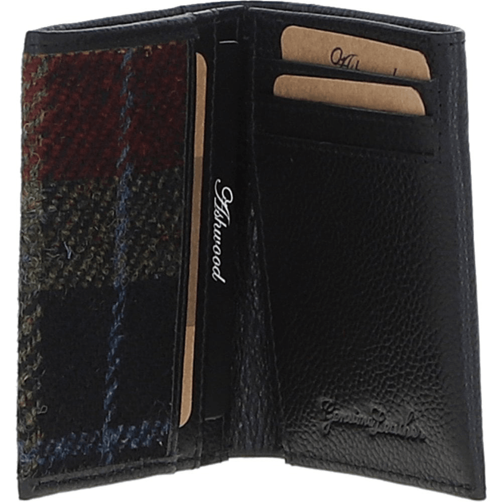 Versatile Ashwood Leather & Harris Tweed® Cloth RFID Secure Wallet Black/Green/Red: TW-17-07-BR
