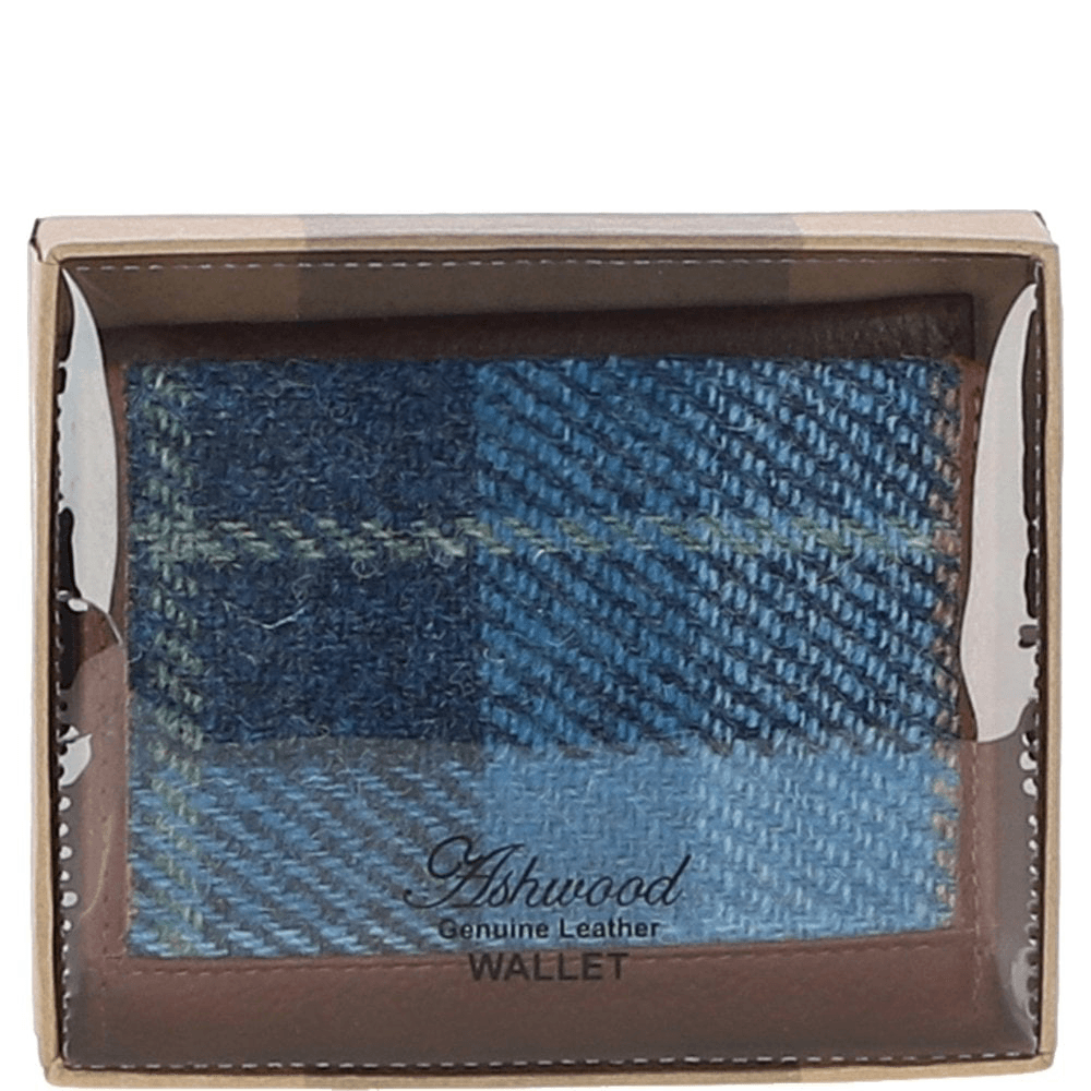 Versatile Ashwood Leather & Harris Tweed® Cloth RFID Secure Wallet Tan/LT Blue: TW-17-05-TB