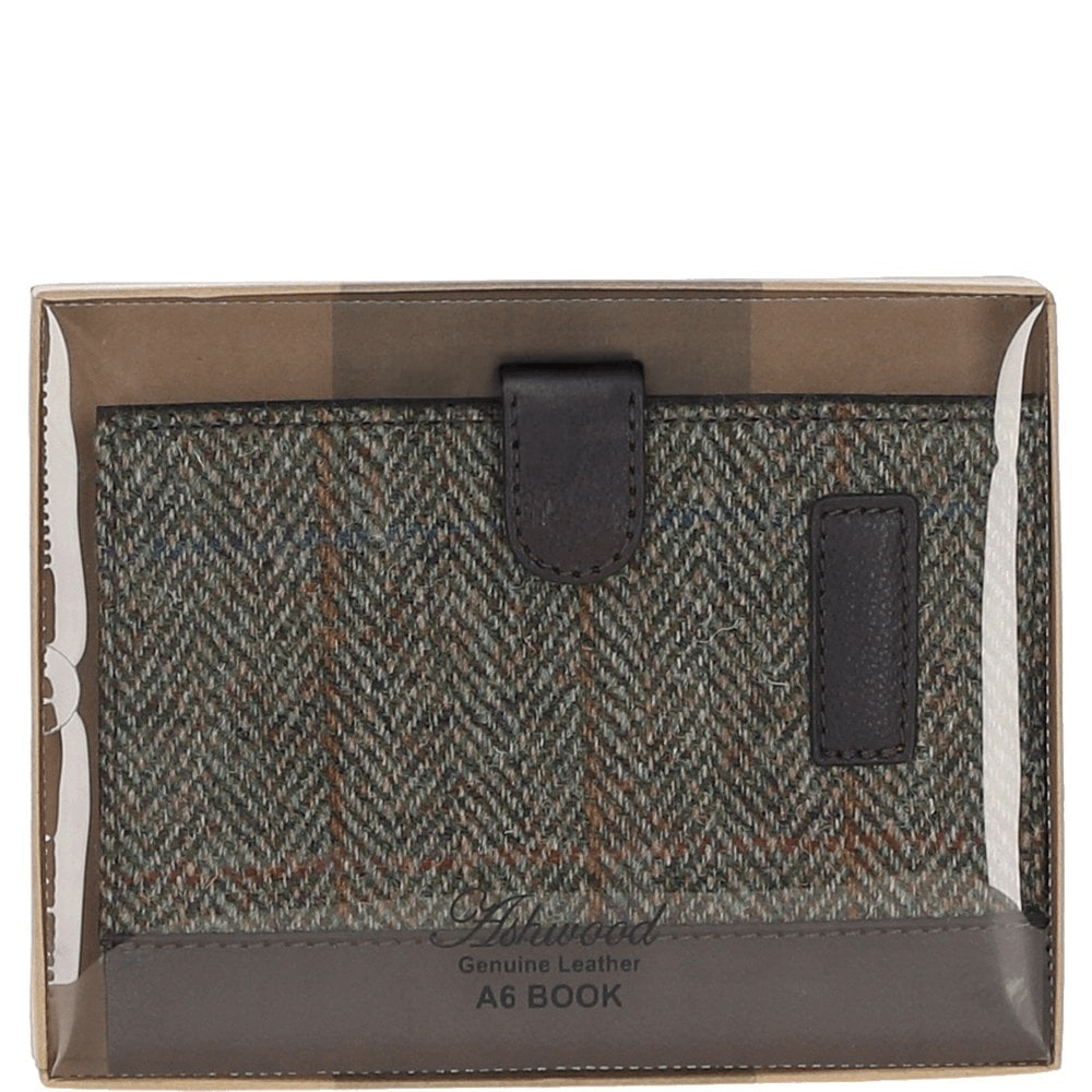 Ashwood Leather & Harris Tweed® Cloth A6 Notebook Brown/Green: TW-18-09-BG