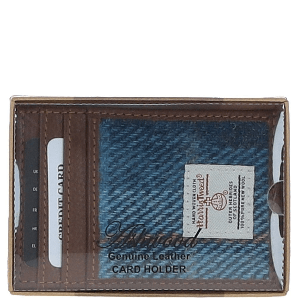 Ashwood Leather & Harris Tweed® Cloth Stylish Flat Card Holder Tan/LT Blue: TW-52-05-TB