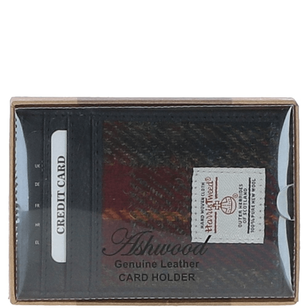 Ashwood Leather & Harris Tweed® Cloth Stylish Flat Card Holder Black/Green/Red: TW-52-07-BR