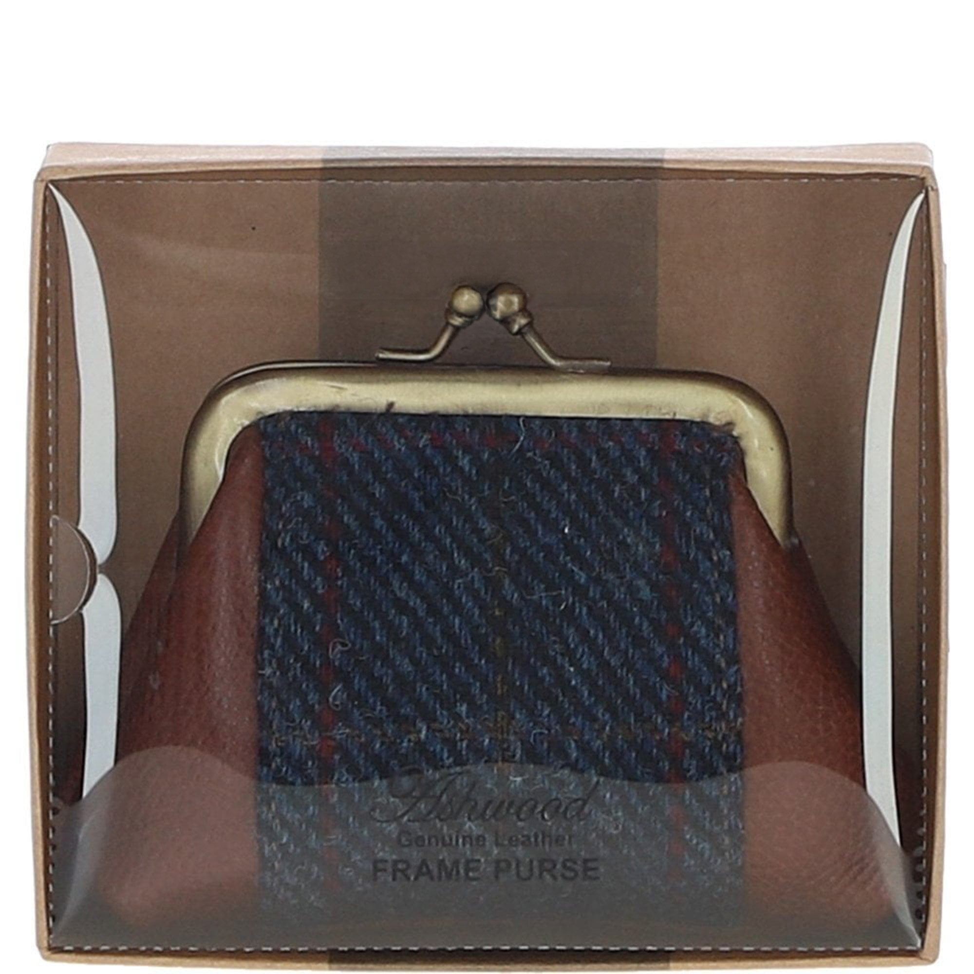 Ashwood Leather & Harris Tweed® Cloth Classic kiss-lock Purse Tan/Navy: TW-13-011-TN