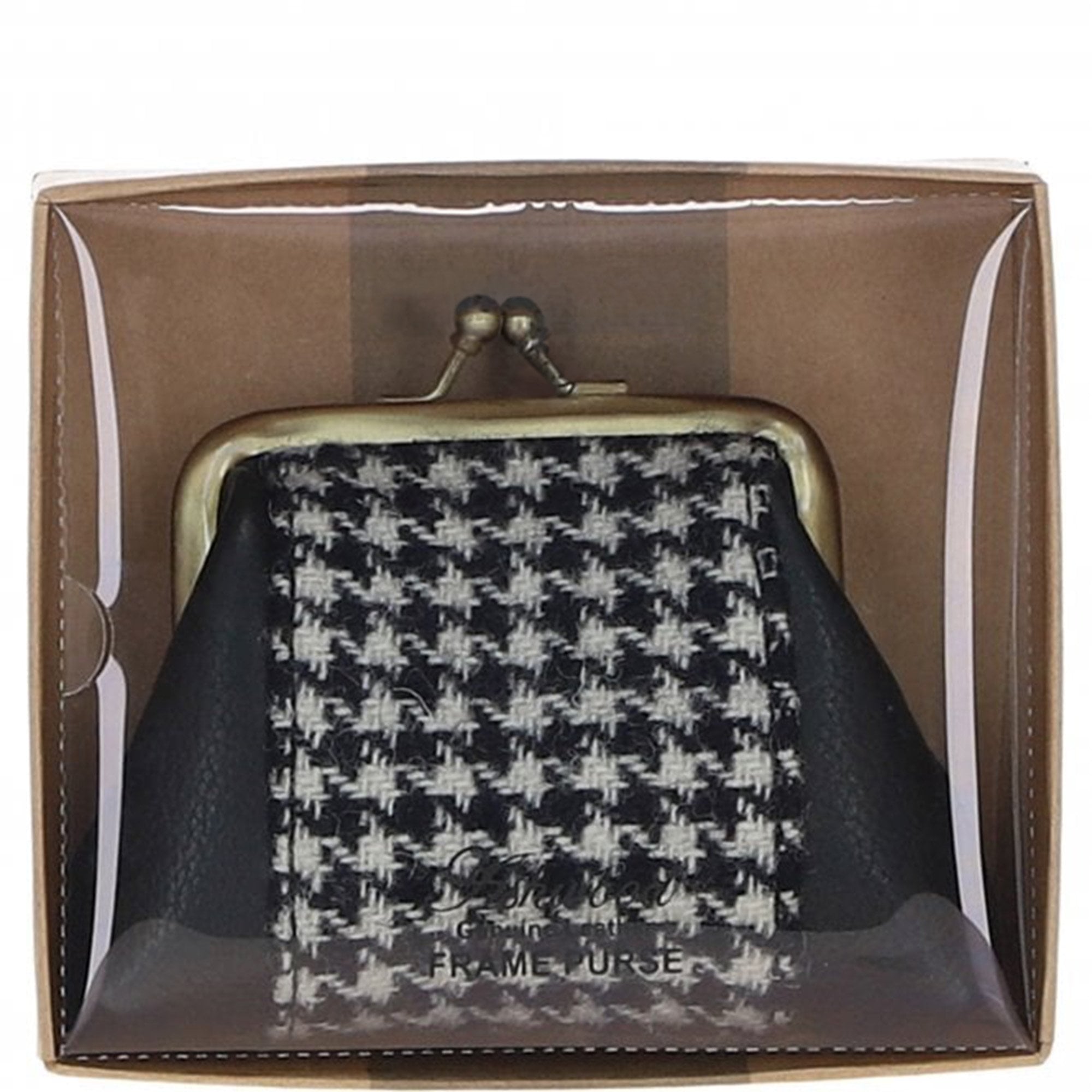 Ashwood Leather & Harris Tweed® Cloth Classic kiss-lock Purse Black/White: TW-13-012-BW