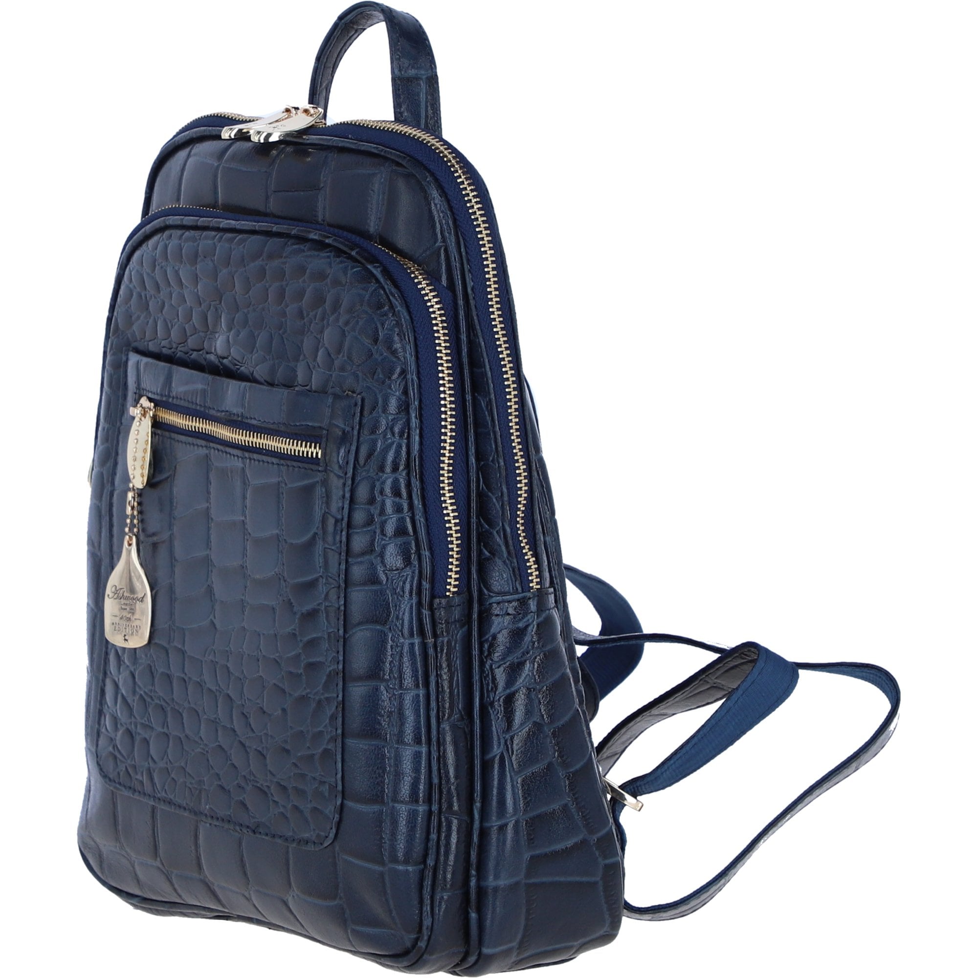 Ashwood Leather Backpack with Multiple Pockets and Golden Hardware in Navy: C-74