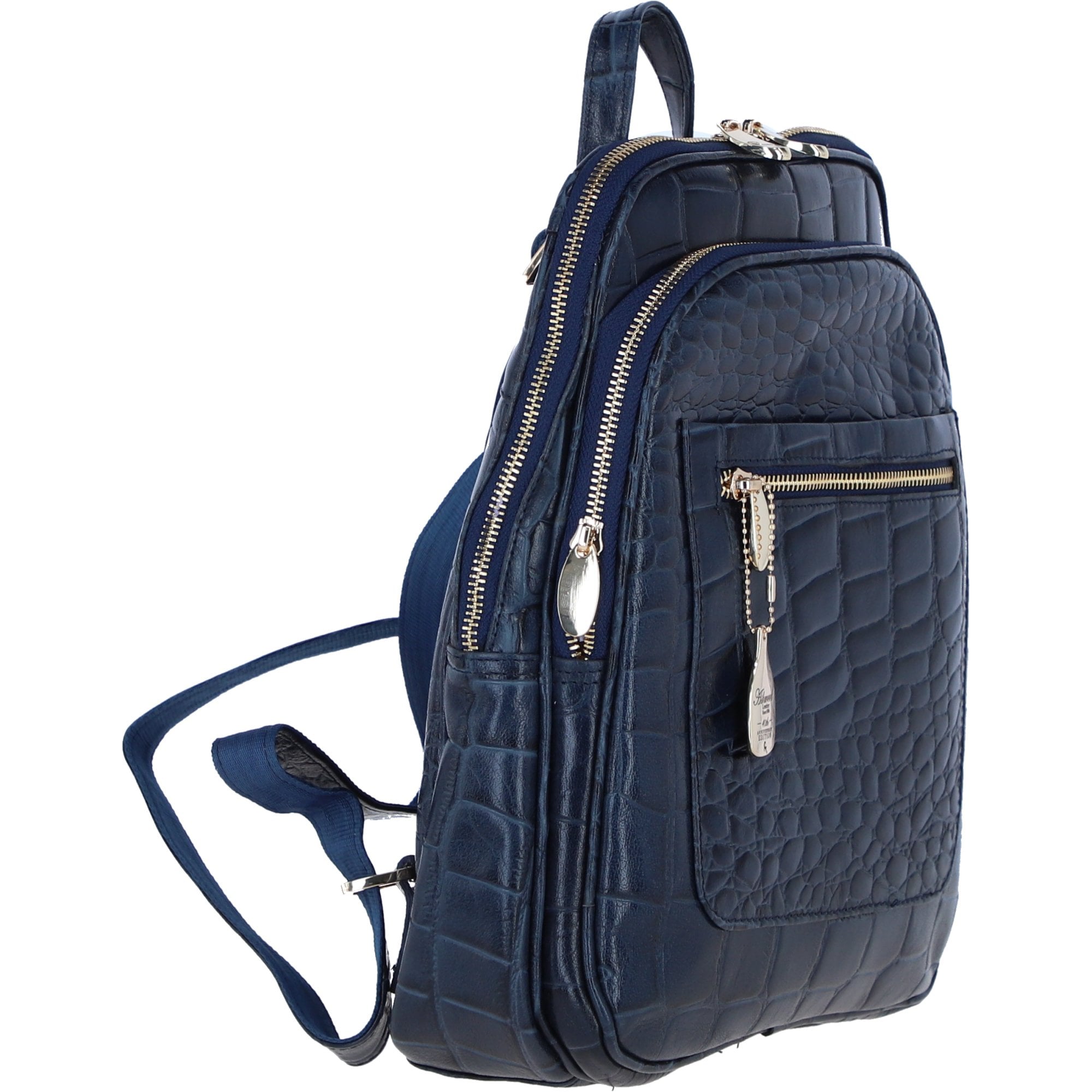 Ashwood Leather Backpack with Multiple Pockets and Golden Hardware in Navy: C-74