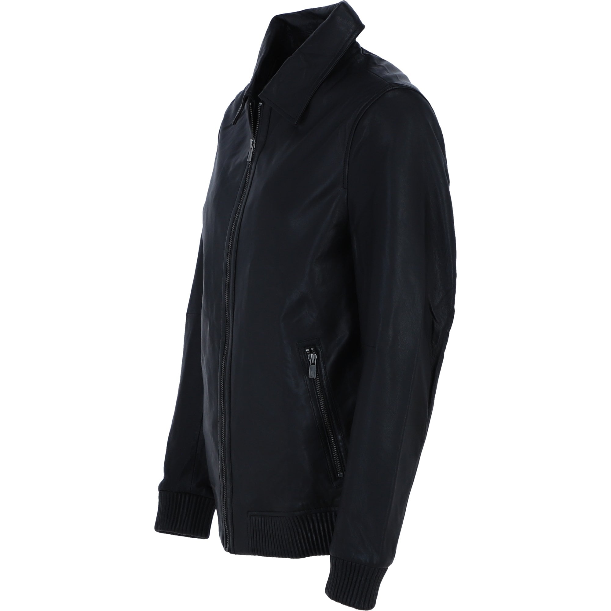 Ashwood's Genuine Leather Bomber Jacket with Collar and Leather Ribbed Trim in Black: Autograph
