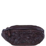 Ashwood Leather Woven Design Waist Bag with Multiple Zip Pockets in Brandy: W-21