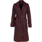 Elegant Longline Women's Leather Trench Coat with Waist Tie Burgandy: awl-trench