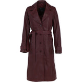 Elegant Longline Women's Leather Trench Coat with Waist Tie Burgandy: awl-trench