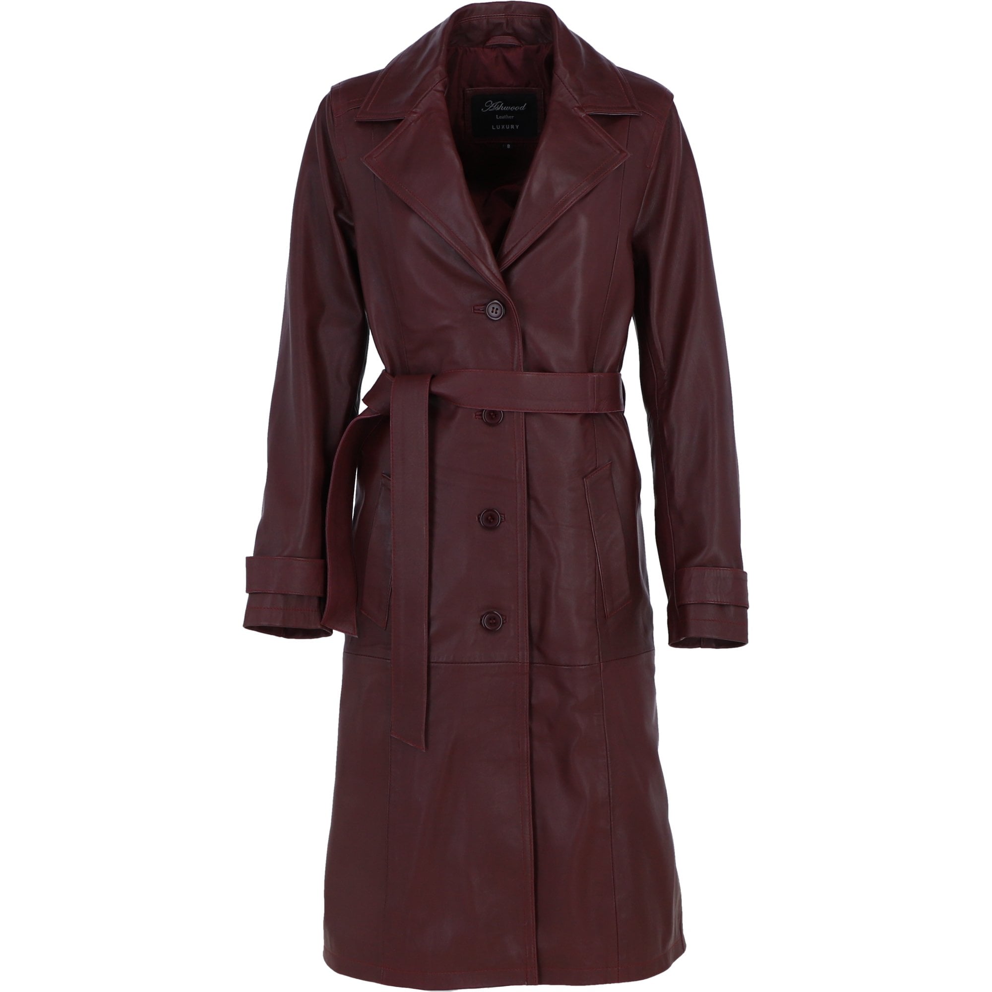 Elegant Longline Women's Leather Trench Coat with Waist Tie Burgandy: awl-trench