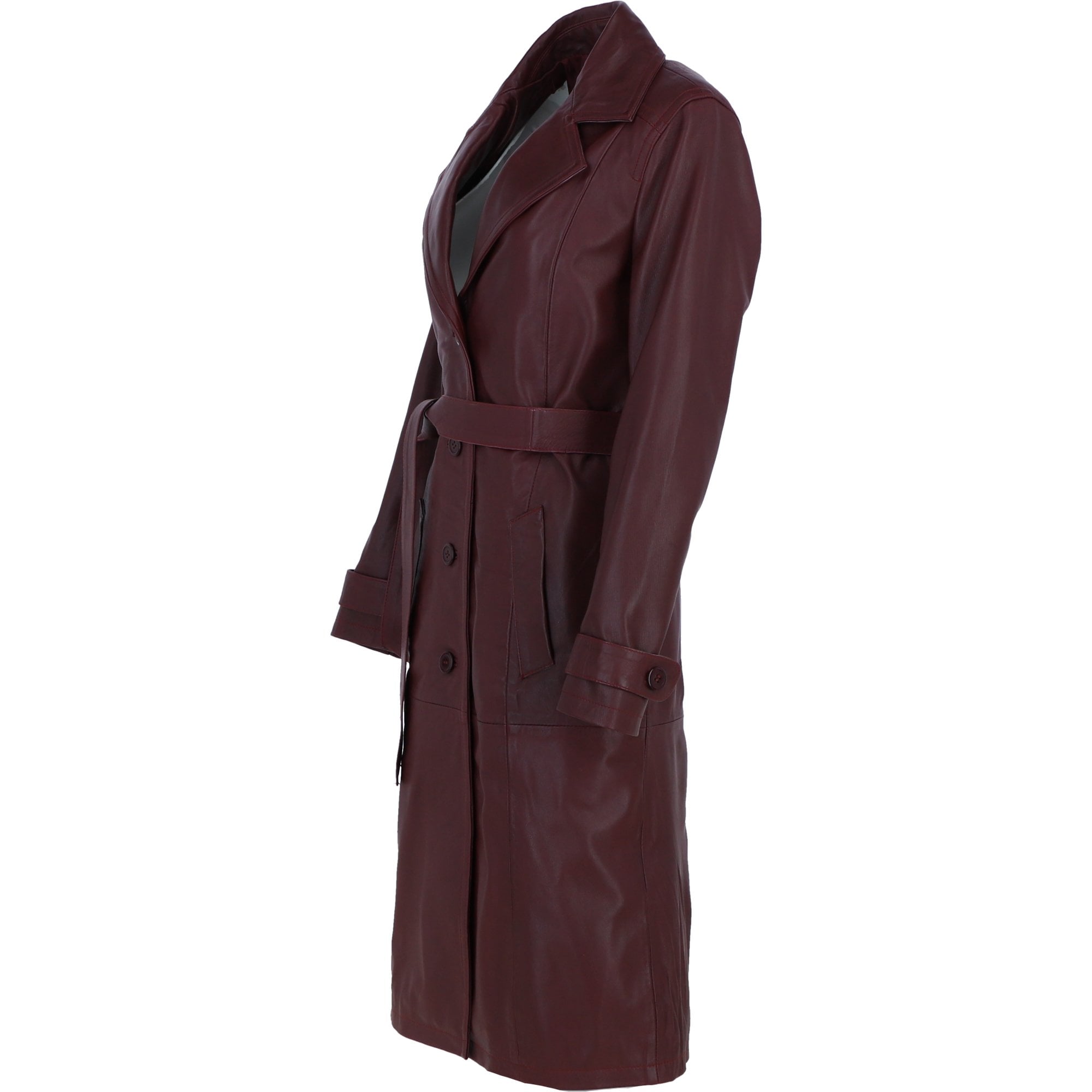 Elegant Longline Women's Leather Trench Coat with Waist Tie Burgandy: awl-trench