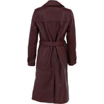 Elegant Longline Women's Leather Trench Coat with Waist Tie Burgandy: awl-trench