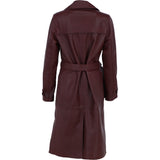 Elegant Longline Women's Leather Trench Coat with Waist Tie Burgandy: awl-trench