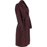 Elegant Longline Women's Leather Trench Coat with Waist Tie Burgandy: awl-trench