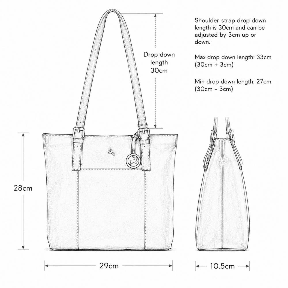 Women’s Genuine Leather Shoulder Tote Bag with Metallic Charm in Cognac: ATHY