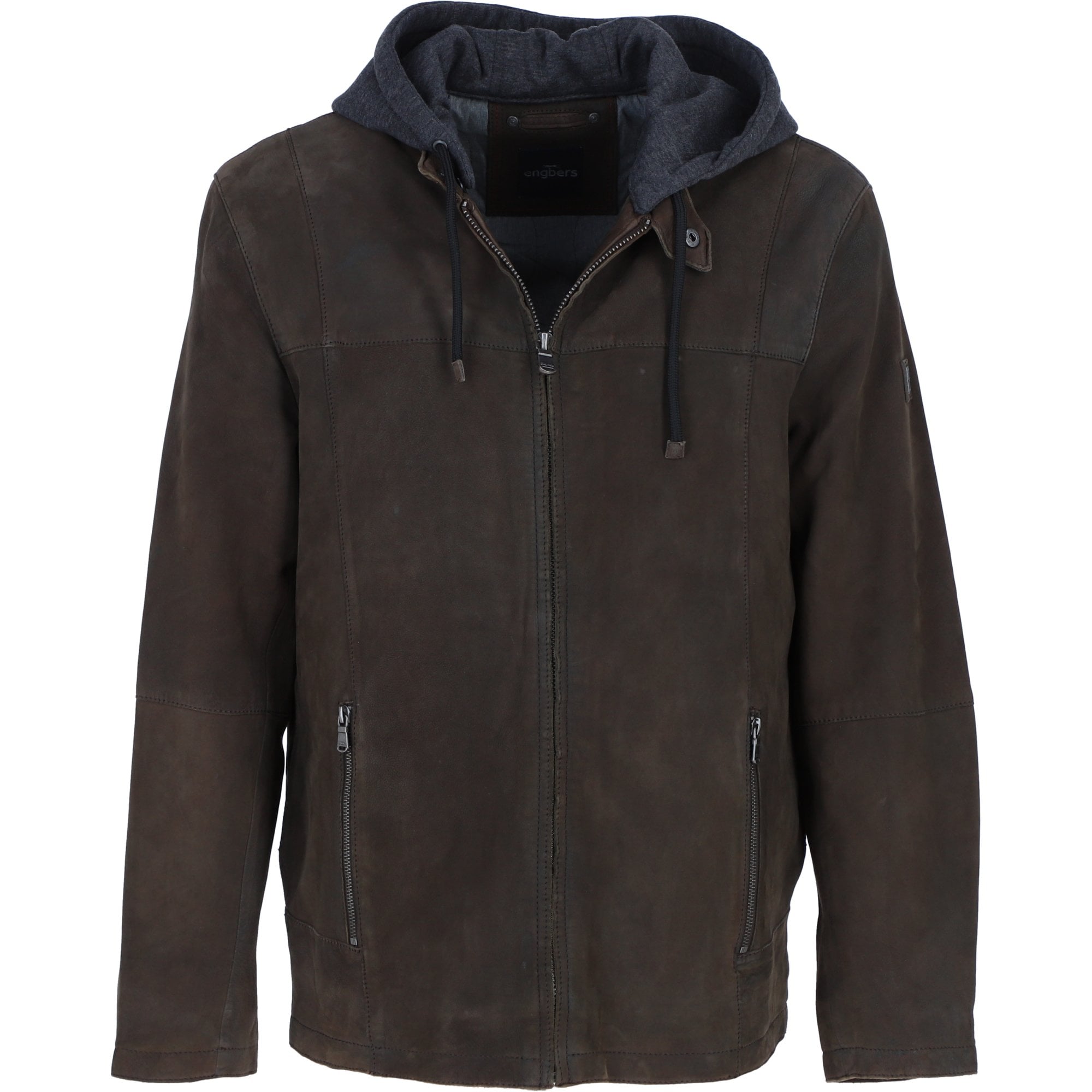 Engbers Men's Real Nubuck Casual Leather Jacket with Detachable Hood in Brown: Renaldo