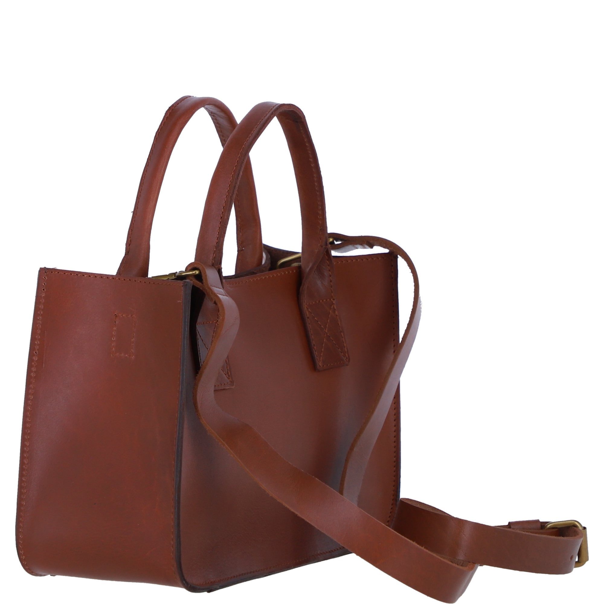 Exquisite Genuine Leather Small Structured Tote Bag with Detachable Strap and Pouch in Tan: S-01