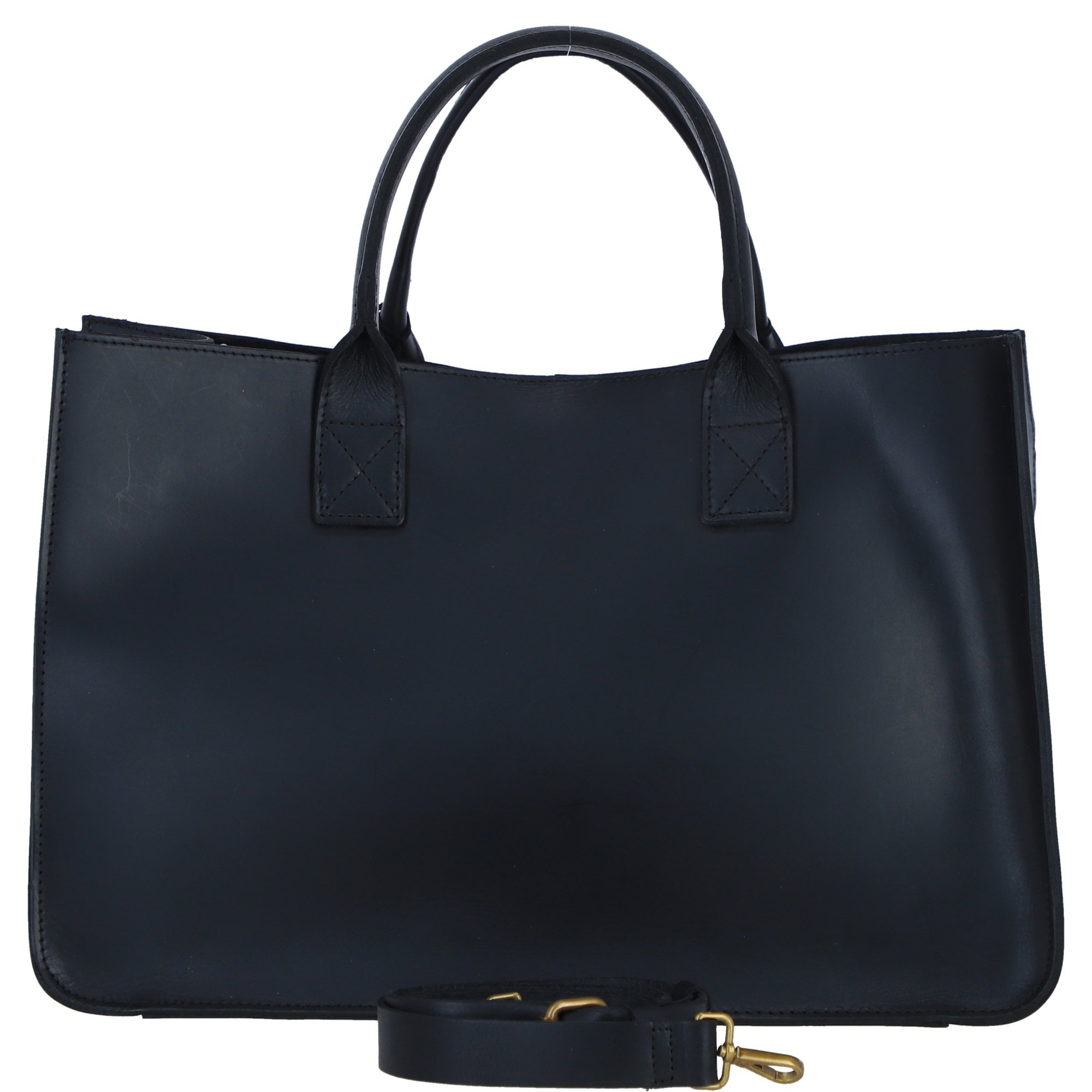 Exquisite Genuine Leather Large Structured Tote Bag with Detachable Strap and Pouch in Black: S-03