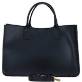 Exquisite Genuine Leather Large Structured Tote Bag with Detachable Strap and Pouch in Black: S-03