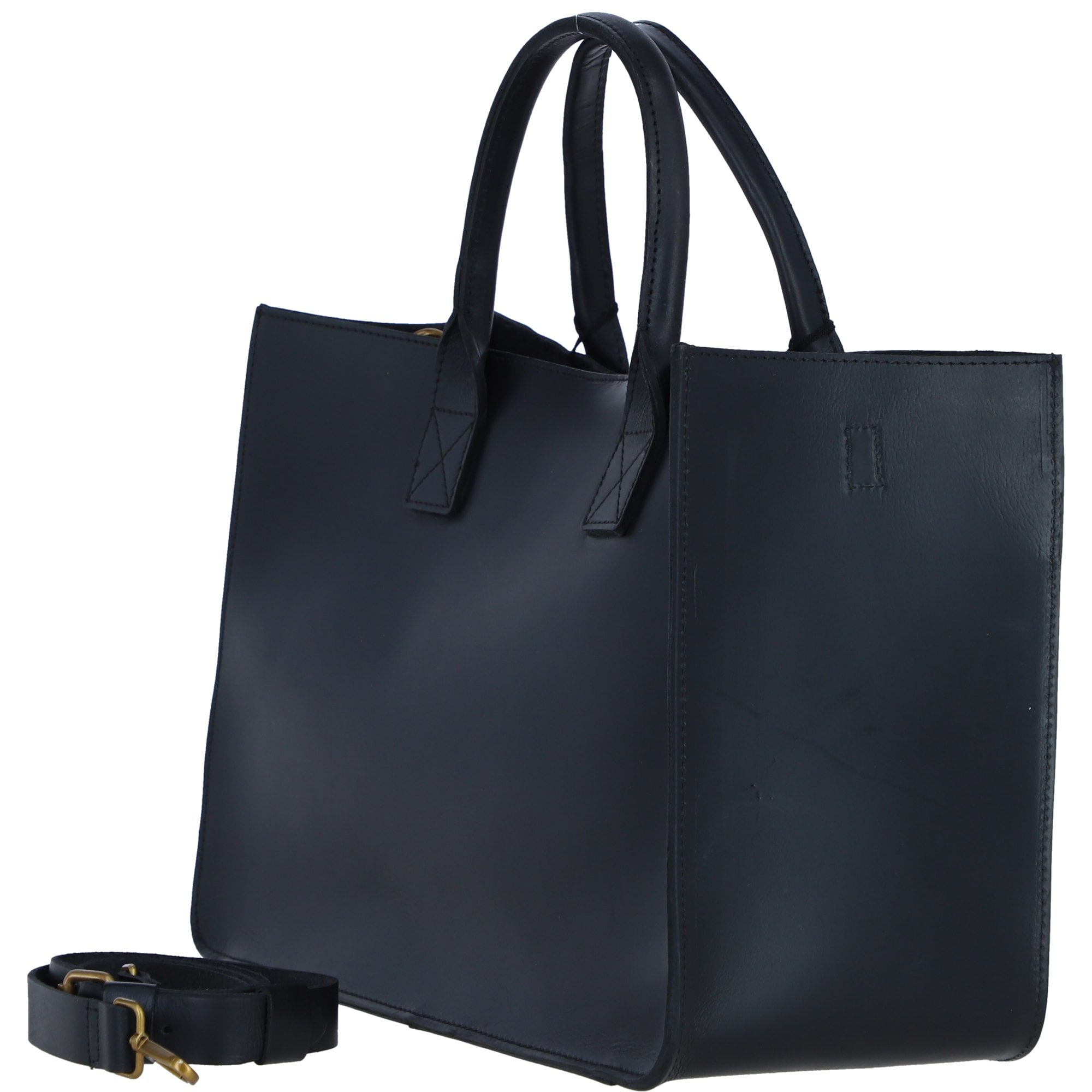 Exquisite Genuine Leather Large Structured Tote Bag with Detachable Strap and Pouch in Black: S-03
