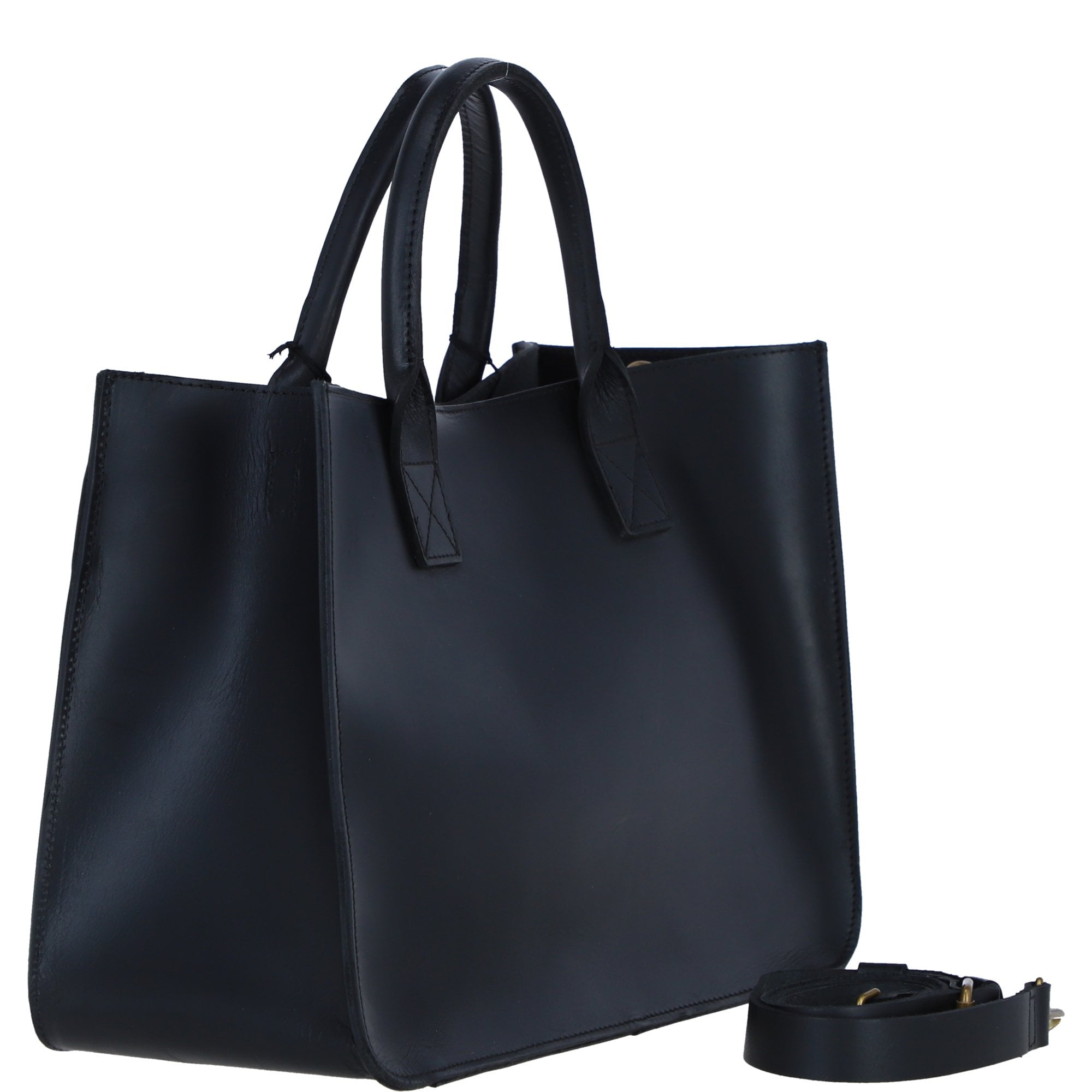Exquisite Genuine Leather Large Structured Tote Bag with Detachable Strap and Pouch in Black: S-03
