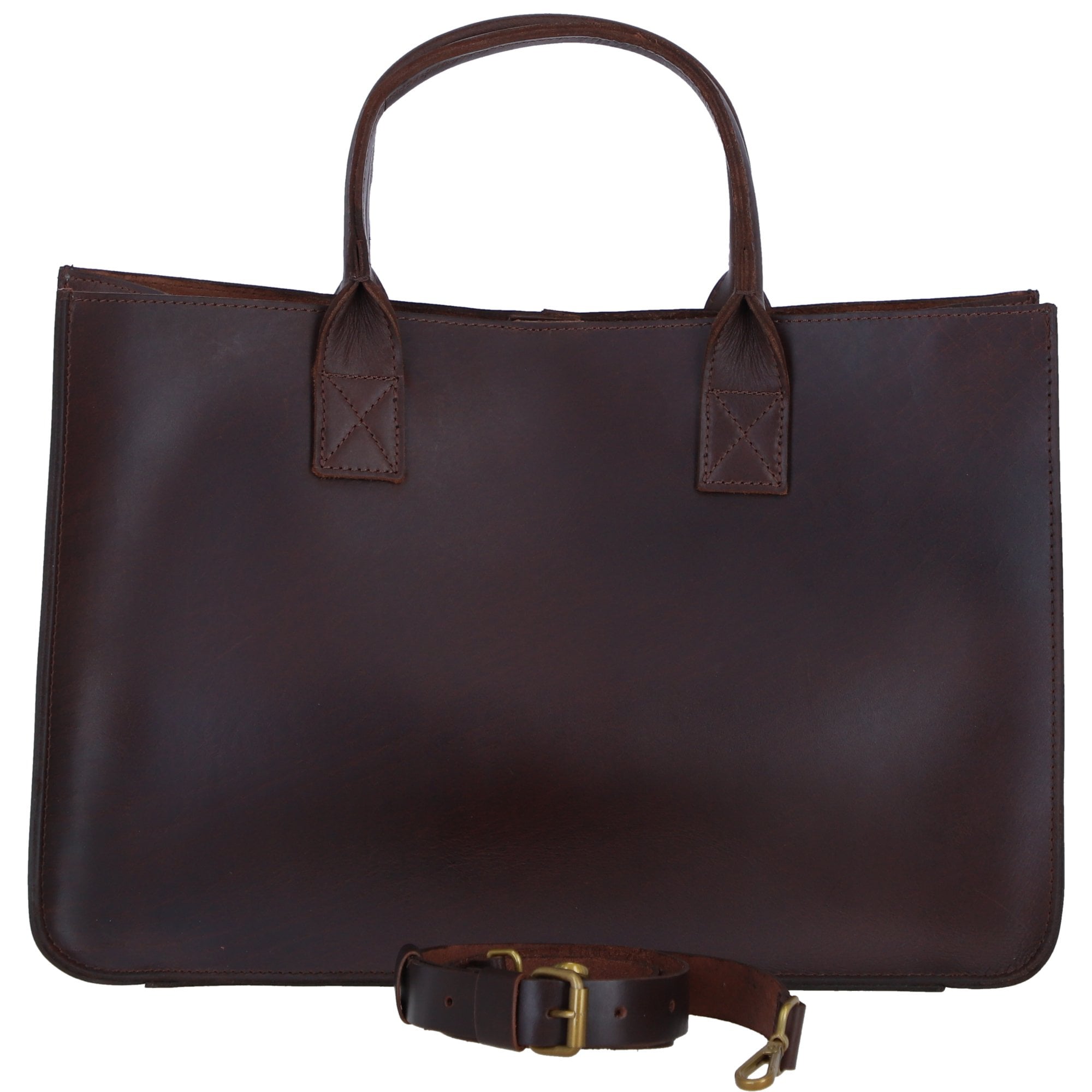 Exquisite Genuine Leather Large Structured Tote Bag with Detachable Strap and Pouch in Brandy: S-03